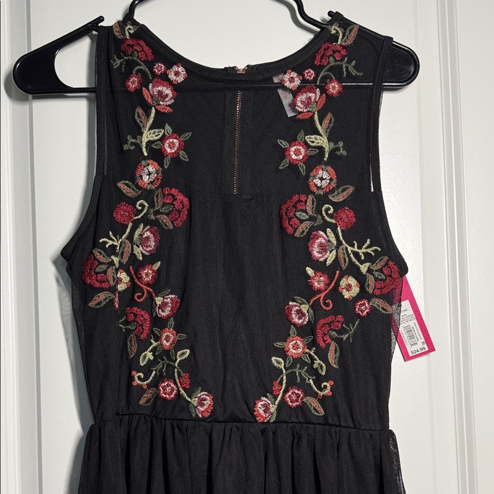 Xhilaration Black Dress with Red Floral Embroidery